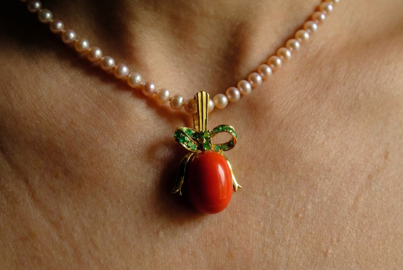 Red Coral Pendant Necklace, coral pearl necklace gold, red coral and pearl pendant, large red coral pendant, red coral singapore, single coral pendant, bow necklace gold, ribbon pendant necklace, Gem Gardener
