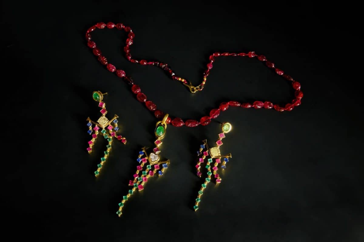 Tutti Frutti Jewelry, vintage tutti frutti jewelry, vintage tutti frutti earrings, vintage tutti frutti necklace, tutti frutti style jewelry, pendant earrings set gold, sapphire emerald and ruby jewelry, vintage sapphire diamond pendant, vintage jewelry singapore, antique jewellery singapore, Gem Gardener