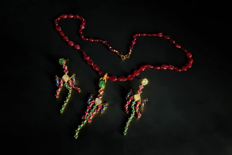 Tutti Frutti Jewelry, vintage tutti frutti jewelry, vintage tutti frutti earrings, vintage tutti frutti necklace, tutti frutti style jewelry, pendant earrings set gold, sapphire emerald and ruby jewelry, vintage sapphire diamond pendant, vintage jewelry singapore, antique jewellery singapore, Gem Gardener