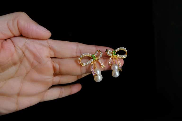 bow pearl drop earrings, ribbon earrings with pearl, pearl drop earrings singapore, ribbon stud earrings gold, bow pearl earrings gold, double pearl drop earrings, peanut pearl earrings, pearl earrings singapore, Gem gardener