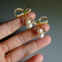bow pearl drop earrings, ribbon earrings with pearl, pearl drop earrings singapore, ribbon stud earrings gold, bow pearl earrings gold, double pearl drop earrings, peanut pearl earrings, pearl earrings singapore, Gem gardener