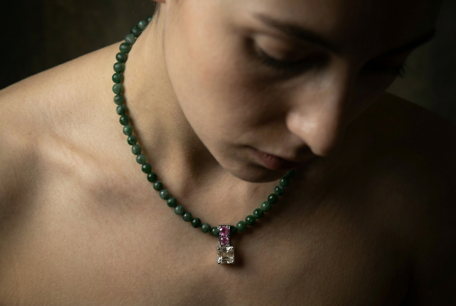 grey diamond pendant, diamond pendant singapore, dark green jade bead necklace, diamond pendant necklace singapore, 3ct diamond pendant, 3ct natural diamond pendant, 3ct square diamond, pendant bead necklace, jade bead necklace singapore, Gem Gardener