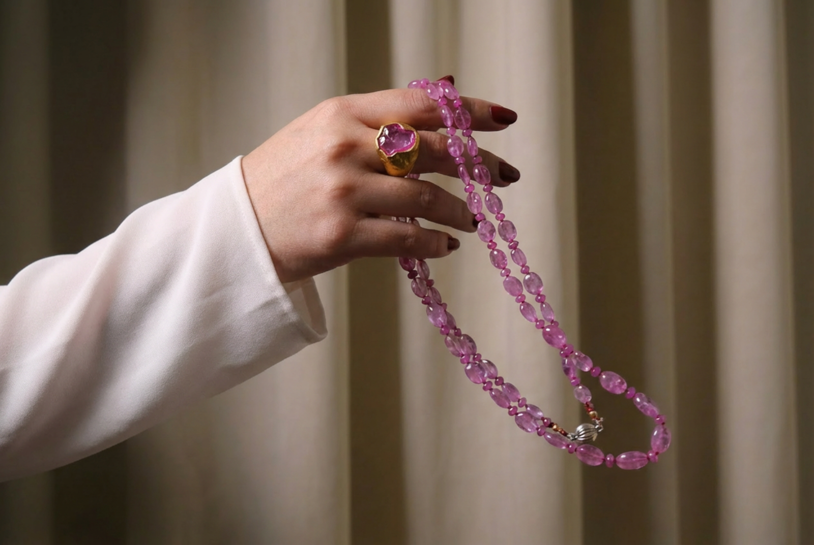 Pink Sapphire Bead Necklace, pink sapphire beaded necklace, fine jewelry bead necklace, handmade beaded necklace singapore, bead necklace singapore, pink sapphire necklace gold, beaded jewelry singapore, Gem Gardener