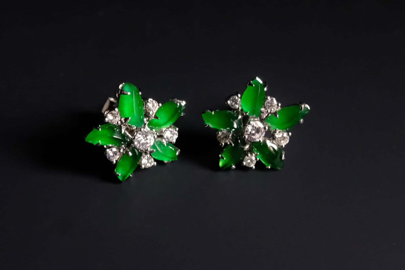 green jade flower earrings, green jade stud earrings, jade flower stud earrings, modern jade jewellery singapore, modern jade earrings, jade stud earrings singapore, Gem Gardener