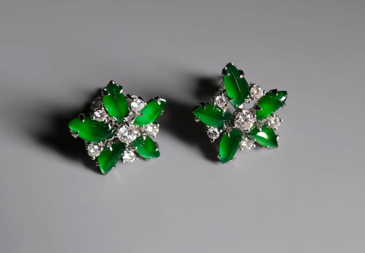 green jade flower earrings, green jade stud earrings, jade flower stud earrings, modern jade jewellery singapore, modern jade earrings, jade stud earrings singapore, Gem Gardener