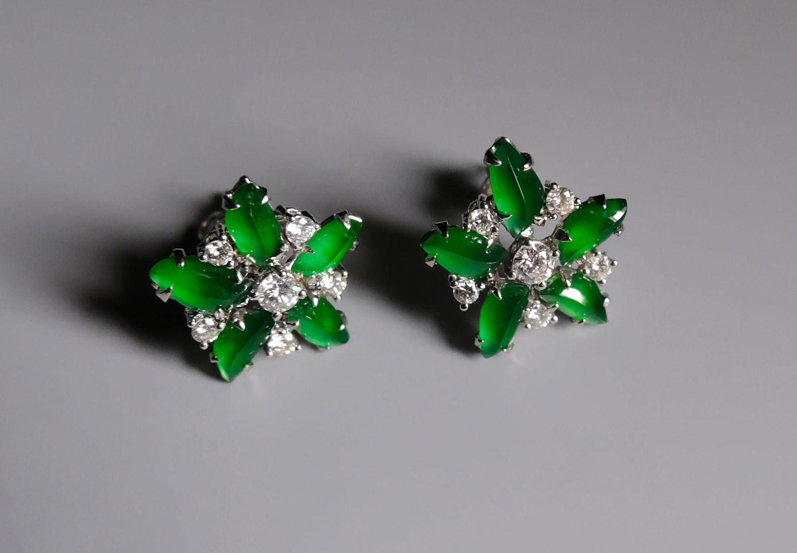 green jade flower earrings, green jade stud earrings, jade flower stud earrings, modern jade jewellery singapore, modern jade earrings, jade stud earrings singapore, Gem Gardener