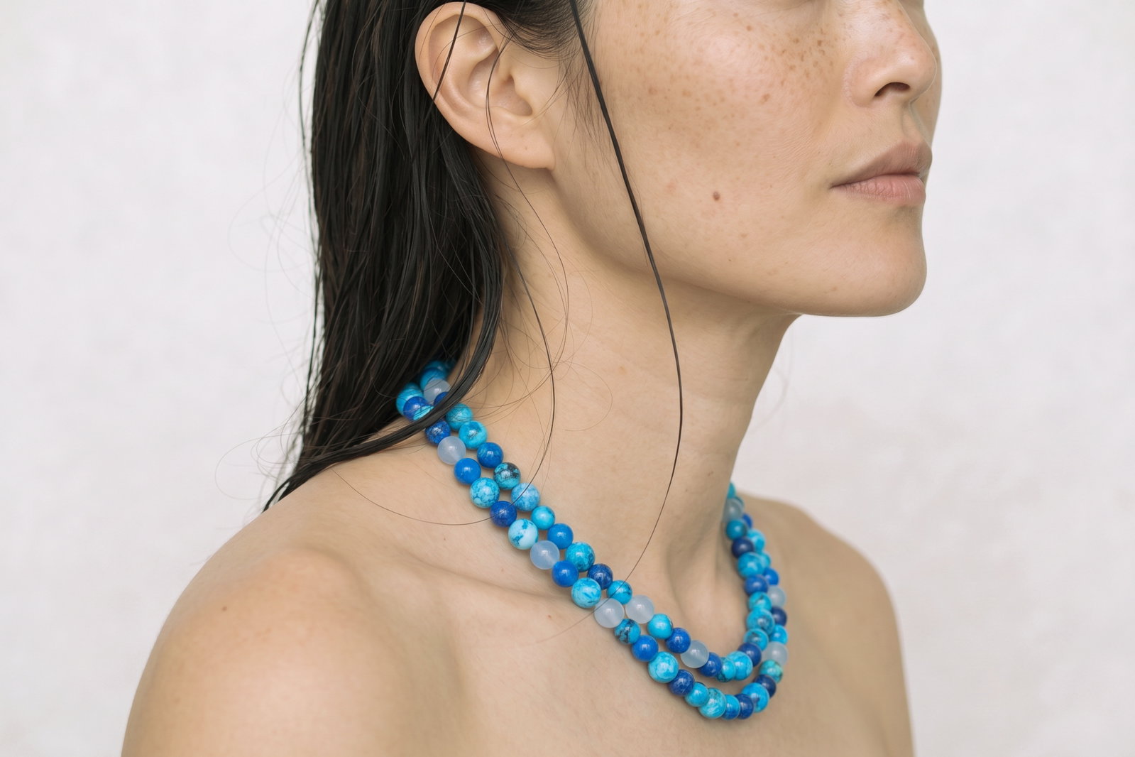 chrysocolla necklace gold, blue apatite necklace, Blue Long Beaded Necklace, long natural stone bead necklace, long beaded necklace, long necklace singapore, blue beaded necklace, blue apatite and chrysocolla, beaded tiered necklace, beaded necklace singapore