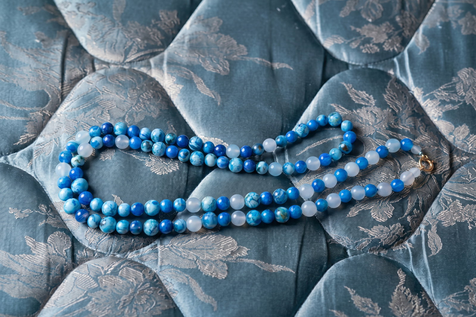 chrysocolla necklace gold, blue apatite necklace, Blue Long Beaded Necklace, long natural stone bead necklace, long beaded necklace, long necklace singapore, blue beaded necklace, blue apatite and chrysocolla, beaded tiered necklace, beaded necklace singapore