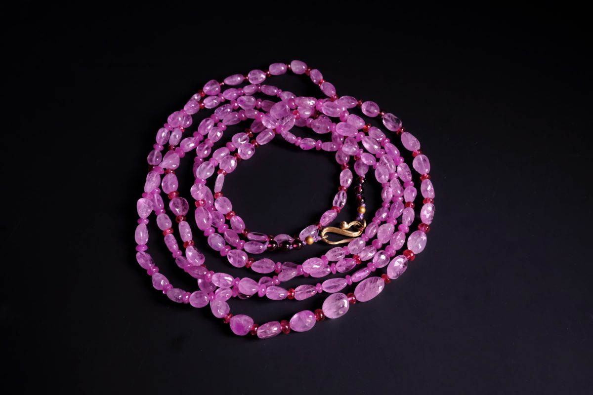 pink beaded layered necklace, ruby corundum beads, Pink Sapphire Bead Necklace, layered beaded necklace, long beaded necklace, pink sapphire beaded necklace, fine jewelry bead necklace, handmade beaded necklace singapore, bead necklace singapore, pink sapphire necklace gold, beaded jewelry singapore, Gem Gardener