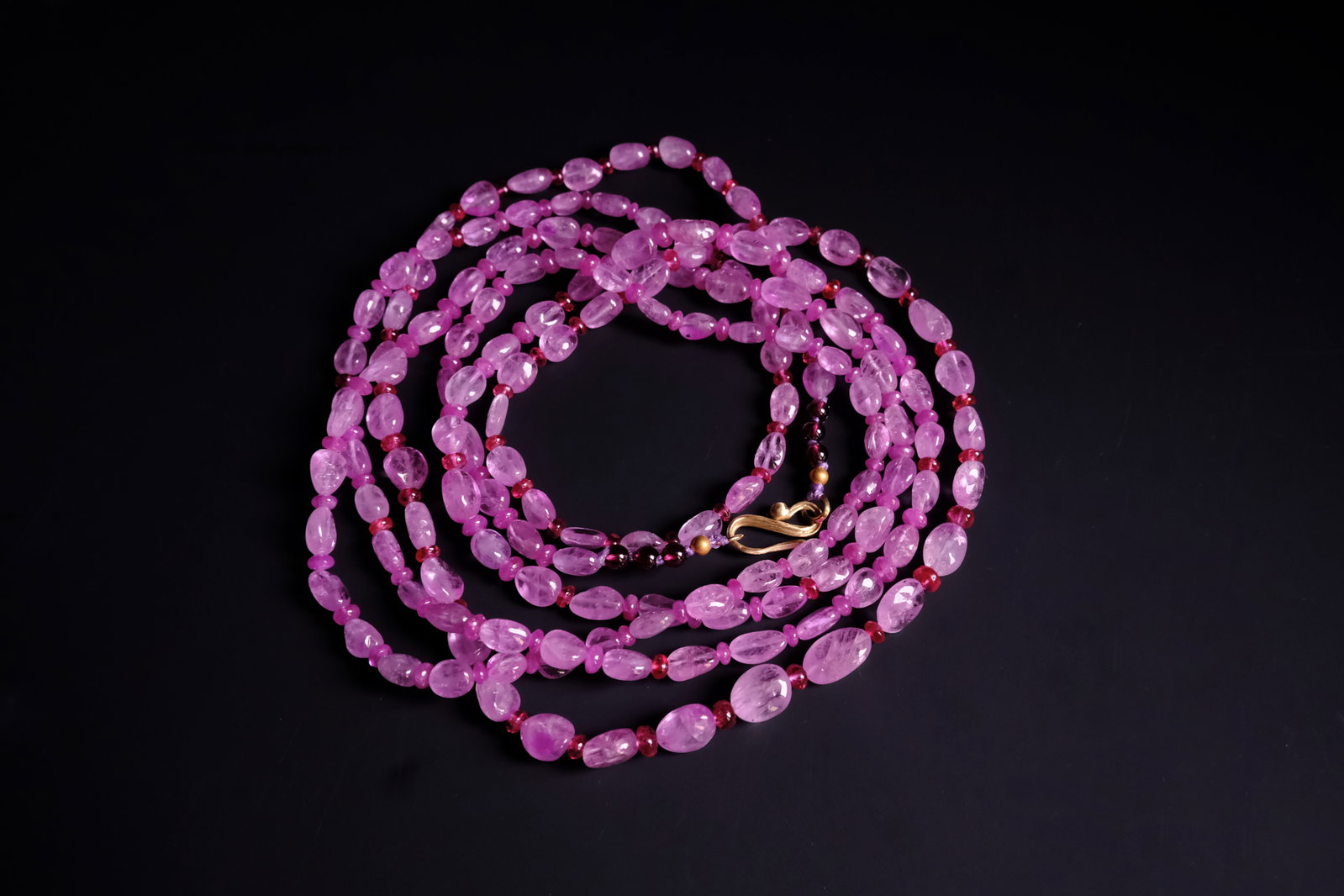 pink beaded layered necklace, ruby corundum beads, Pink Sapphire Bead Necklace, layered beaded necklace, long beaded necklace, pink sapphire beaded necklace, fine jewelry bead necklace, handmade beaded necklace singapore, bead necklace singapore, pink sapphire necklace gold, beaded jewelry singapore, Gem Gardener