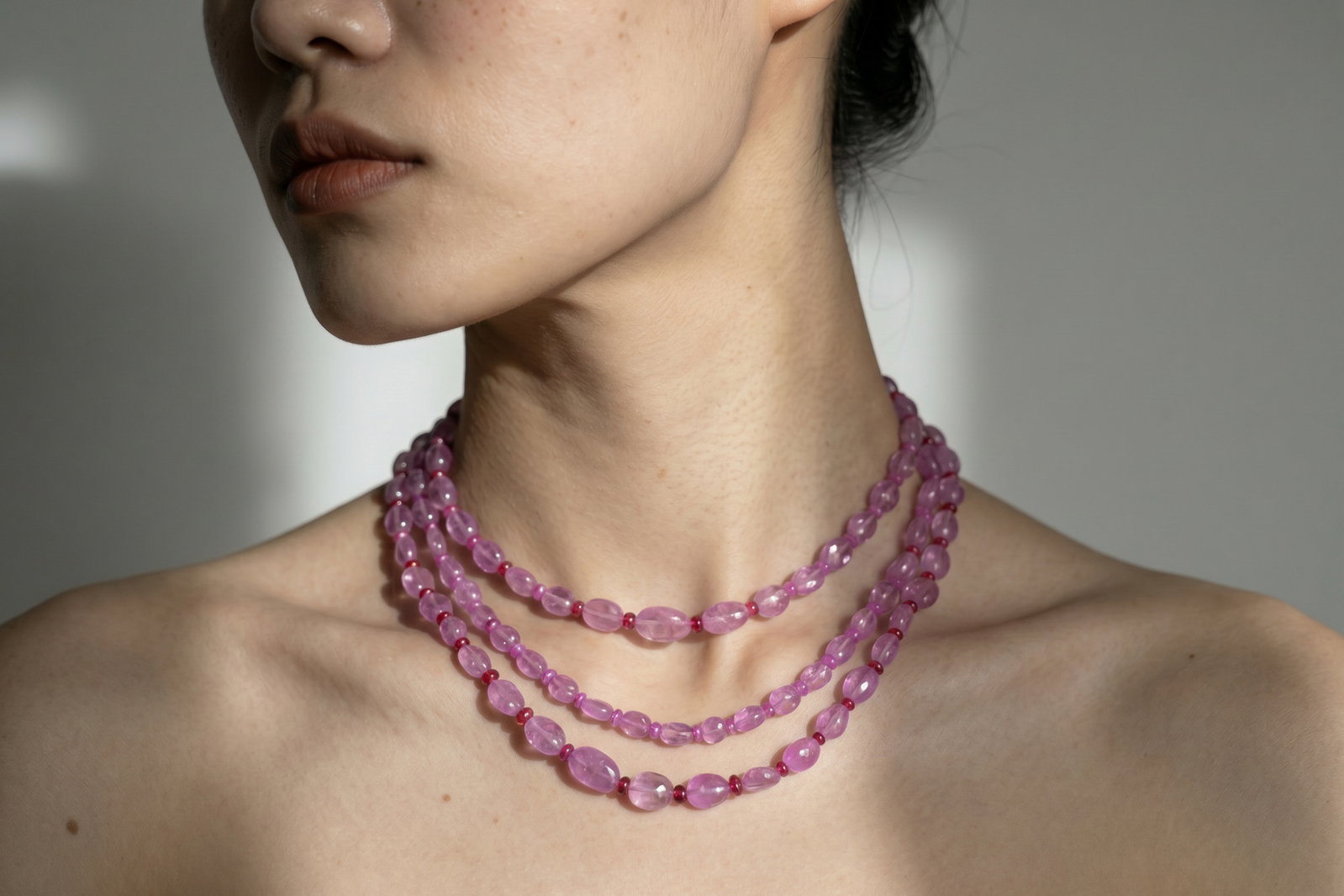 pink beaded layered necklace, ruby corundum beads, Pink Sapphire Bead Necklace, long beaded necklace, pink sapphire beaded necklace, fine jewelry bead necklace, handmade beaded necklace singapore, bead necklace singapore, pink sapphire necklace gold, beaded jewelry singapore, Gem Gardener